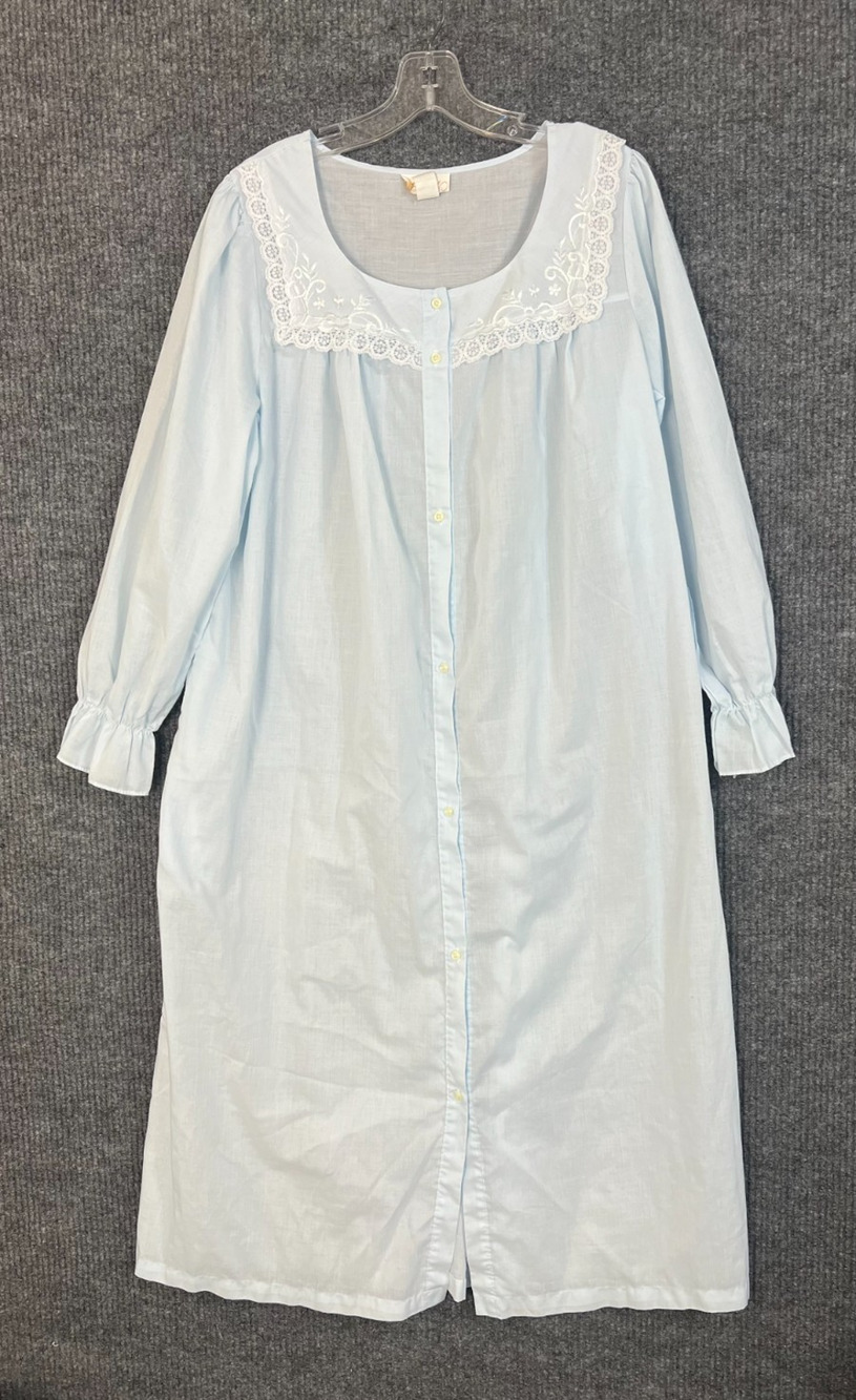 Cachet Nightgown Womens Large 16-18 Blue Long Button Up Lace Embroidered Trim